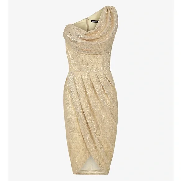 Lavish Alice One Shoulder Pleated Sequin Cowl Midi Dress In Bronze